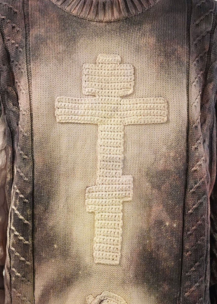 CRUCIFIED CABLE KNIT -PURPLE DYED EGGSHELL-