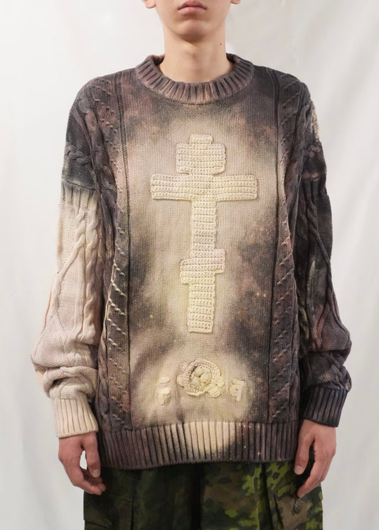 CRUCIFIED CABLE KNIT -PURPLE DYED EGGSHELL-